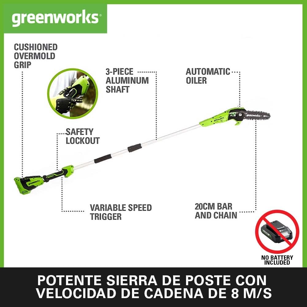 Greenworks 40V 2.6m Podadora de Pértiga, Sierras Telescópicas Eléctrica, Barra de 8 Pulgada (20 cm), Velocidad de Cadena 8 m/s, Autoengrasado, Batería 40V 2Ah y Cargador, Garantía de 3 Años,G40PSFK2 — view 2