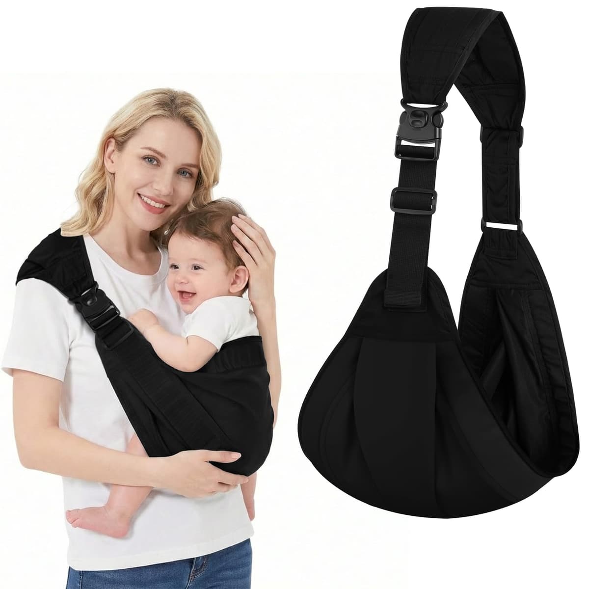 Baby Carrier, Portable Toddler Sling Carrier with Adjustable Thick Shoulder Straps, Soft Baby Sling for Newborn Up to 3-24 Months, Breathable and Comfortable(Black)