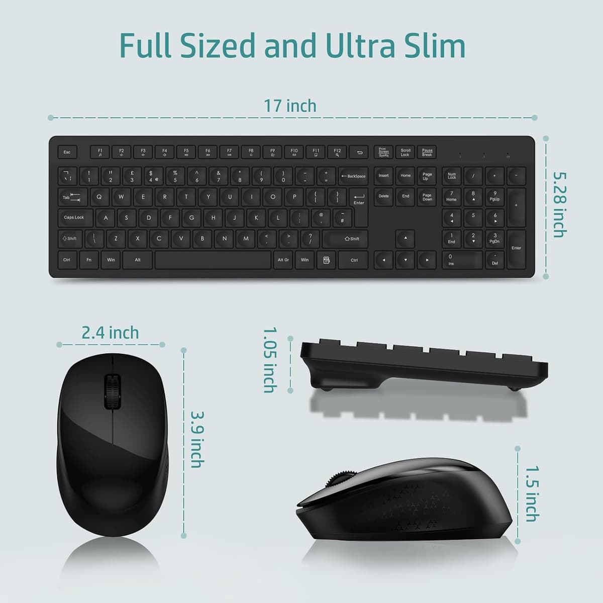LeadsaiL Wireless Keyboard and Mouse Set, 2.4GHz USB Computer Keyboards and Mouse Combo, Full Size UK QWERTY Layout, Ergonomic Design with 12 Multimedia Shortcuts for HP/Lenovo Laptop and Mac - Black — view 5