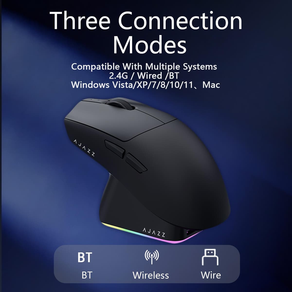 AJAZZ AJ139P V3 Mc Wireless Gaming Mouse, PAW3311 Sensor, 24K DPI, 2.4G/USB-C/BT, 800mAh Battery, Ultra-Light 69g, RGB Magnetic Charging Base, 80 Million Clicks Life, Compatible con PC y Mac, Negro — view 2