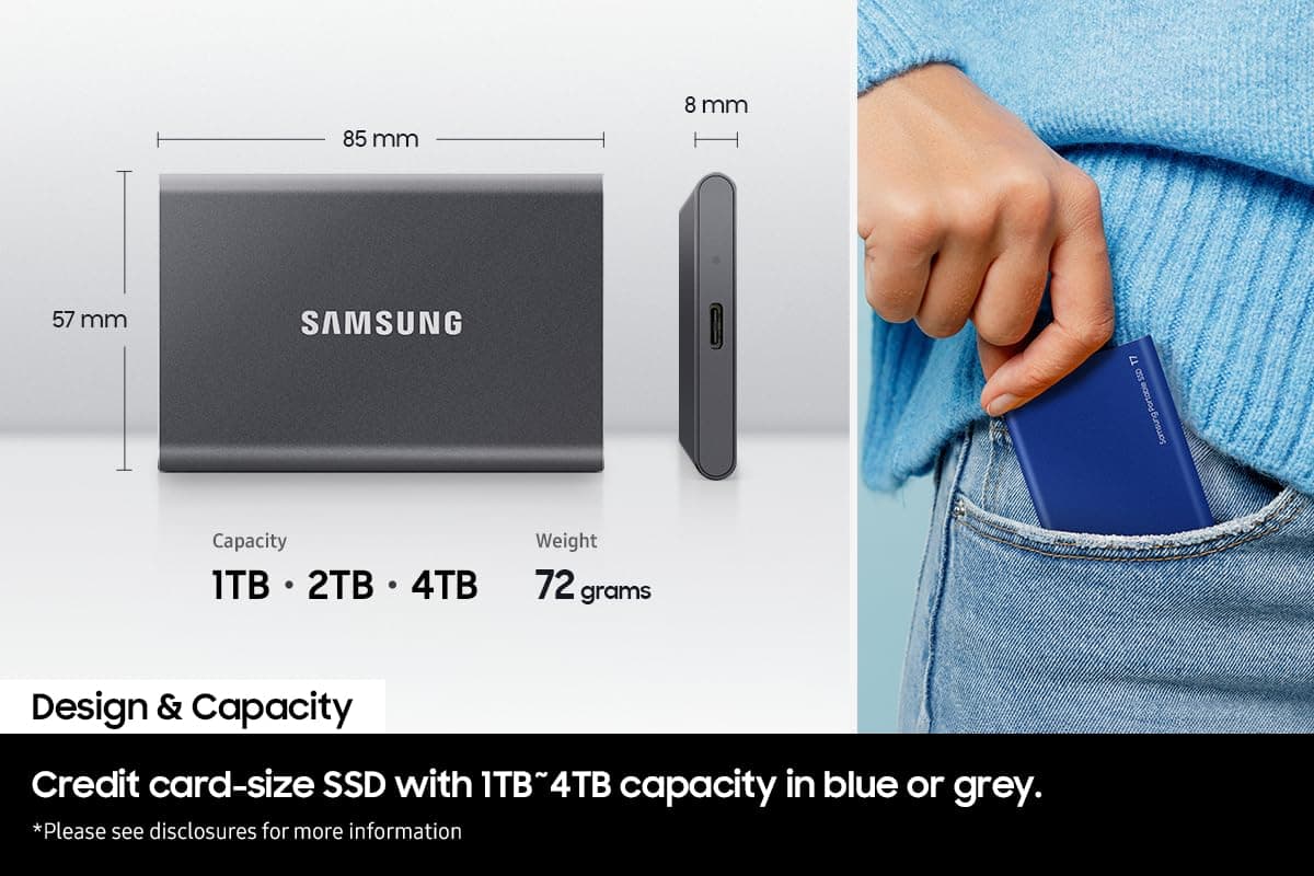 Samsung T7 Portable SSD - 2 TB - USB 3.2 Gen.2 External SSD Titanium Grey (MU-PC2T0T/WW) — view 3