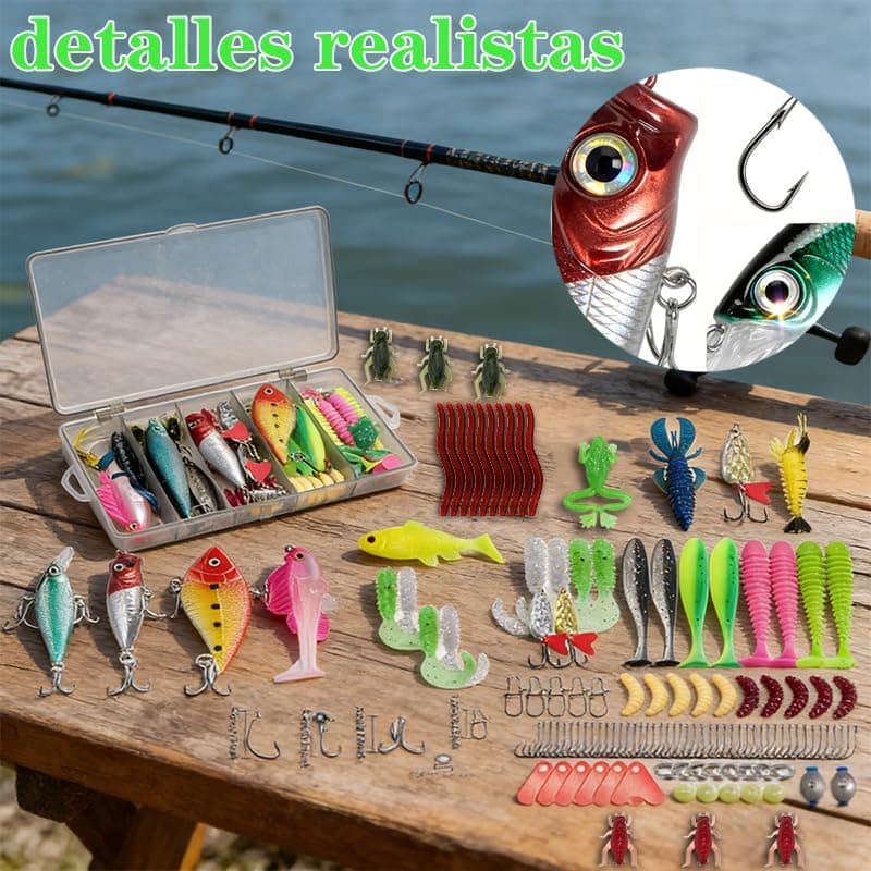 ZhaoCaiWJ 133 Piezas Señuelos de Pesca Kit Completo - Cebos Artificiales Mixtos con Caja de Aparejos: Vinilos, Cucharillas, Ranas y Anzuelos - Equipo de Pesca Spinning para Mar y Río (Black Bass, Truc — view 5