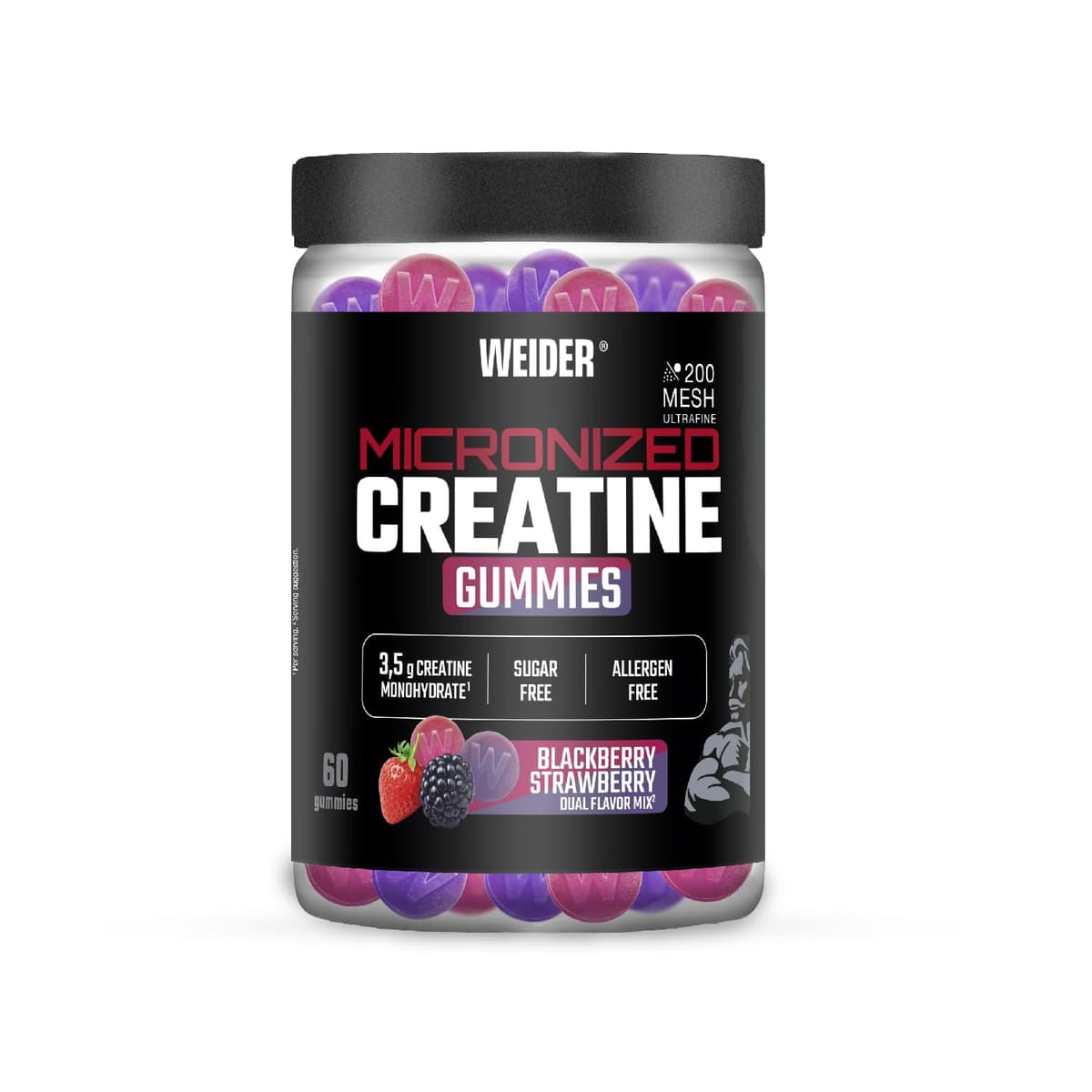 Weider Micronized Creatine Gummies (60 gominolas) Sabor DUO Fresa-Mora, con 3,5g creatina monohidrato 200 MESH/porción, Certificado por laboratorio Europeo, ayuda al rendimiento físico (20 porciones)