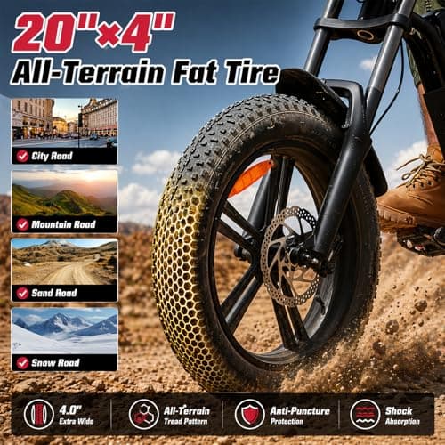 Windone E2 Electric Bike for Adults - 1000W Peak 20" Fat Tire Electric Dirt Ebike, Up to 45KM/H, 75KM Range, 48V 13Ah Removable Battery, Moped Style All-Terrain E Bike for Commuting & Off-Road — view 5