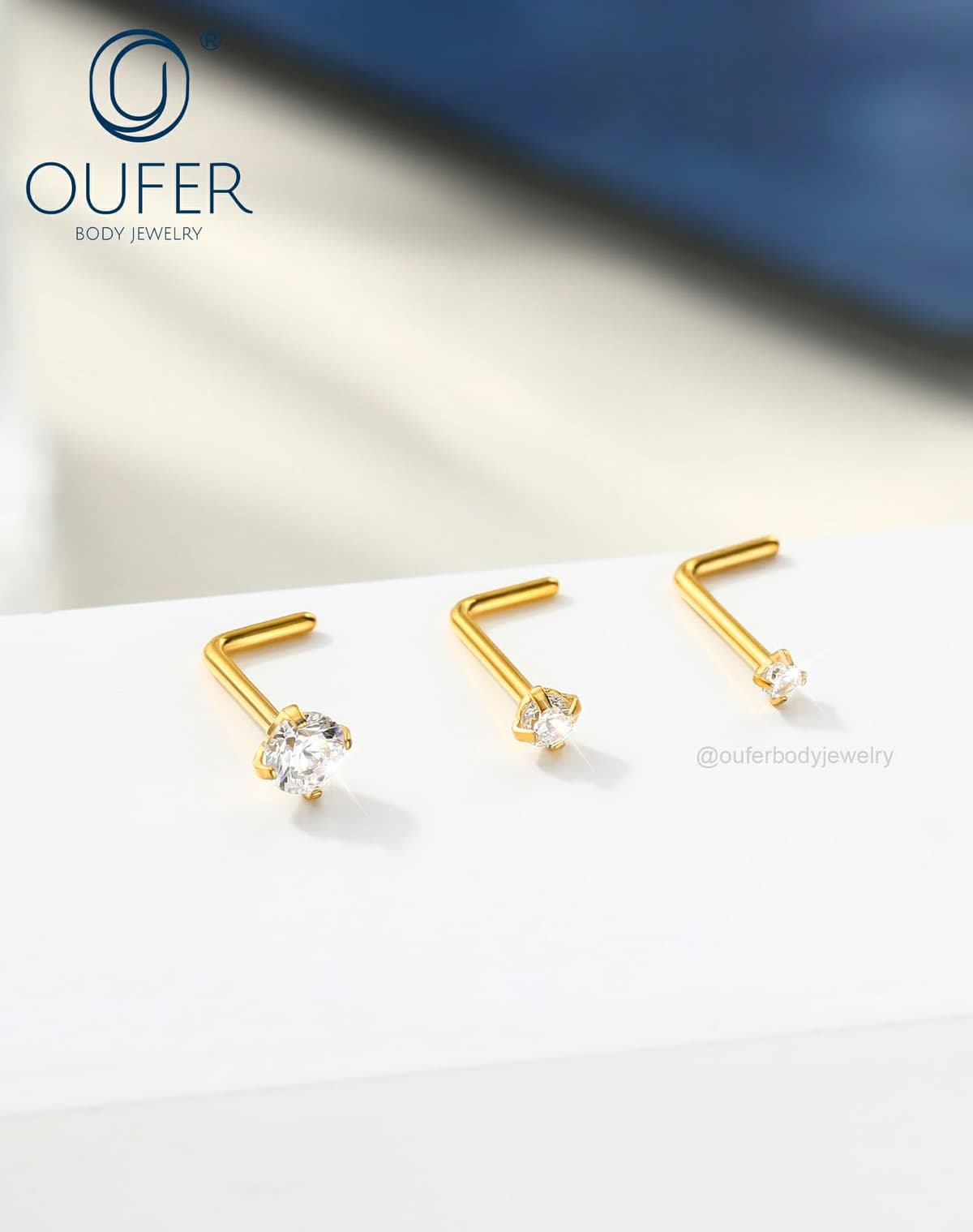 OUFER Body Piercing Nose Studs: 5PCS 20G Titanium Nose Bar L Shaped Nose Rings, 6 mm Gold Nostril Piercing Jewelry Cubic Diamond Thin Body Jewellery for Women — view 4