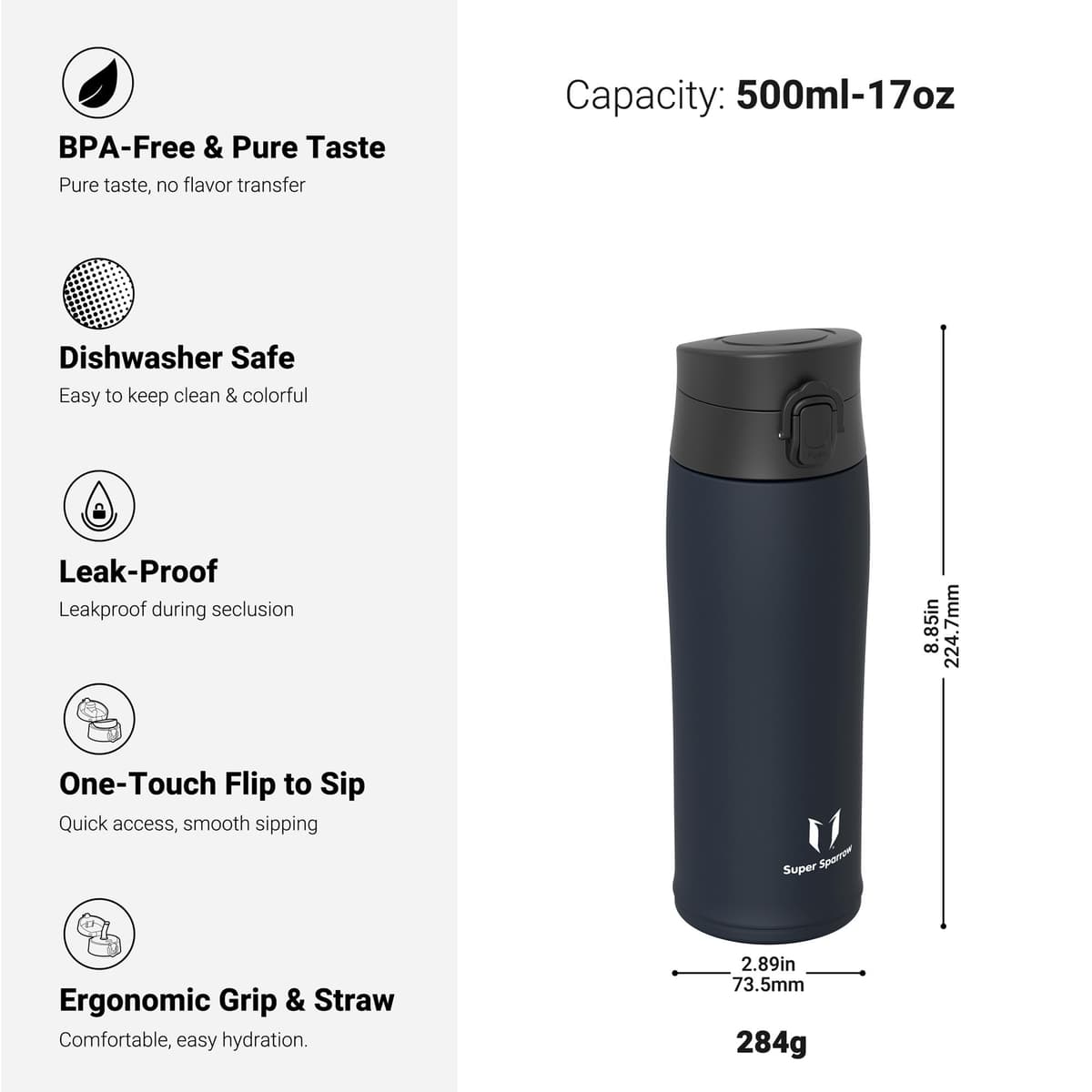 Super Sparrow Insulated Water Bottle - Travel Mug - 500ml, 750ml，950ml - Stainless Steel Water Bottles - BPA Free - Leakproof Metal Bottles - Includes 2 Lids, Straw Lid & Spout Lid — view 3