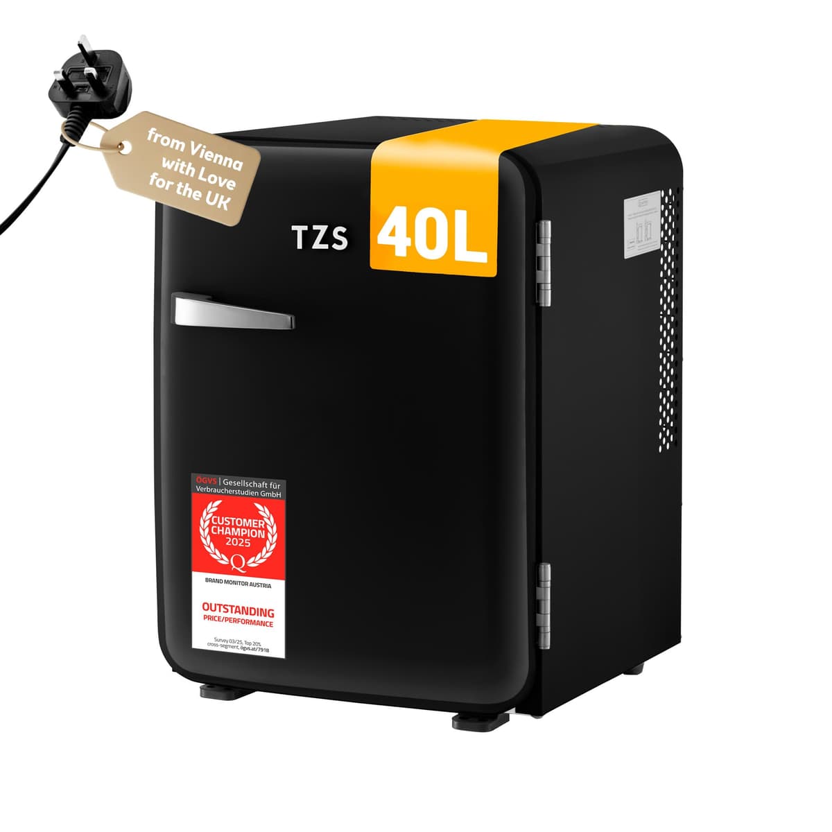 TZS First Austria - Retro Mini Fridge 40L Silent - Small mini fridge in vintage design with interior lighting & 2 door compartments - Minibar for camping, office, bedroom & hotel - black