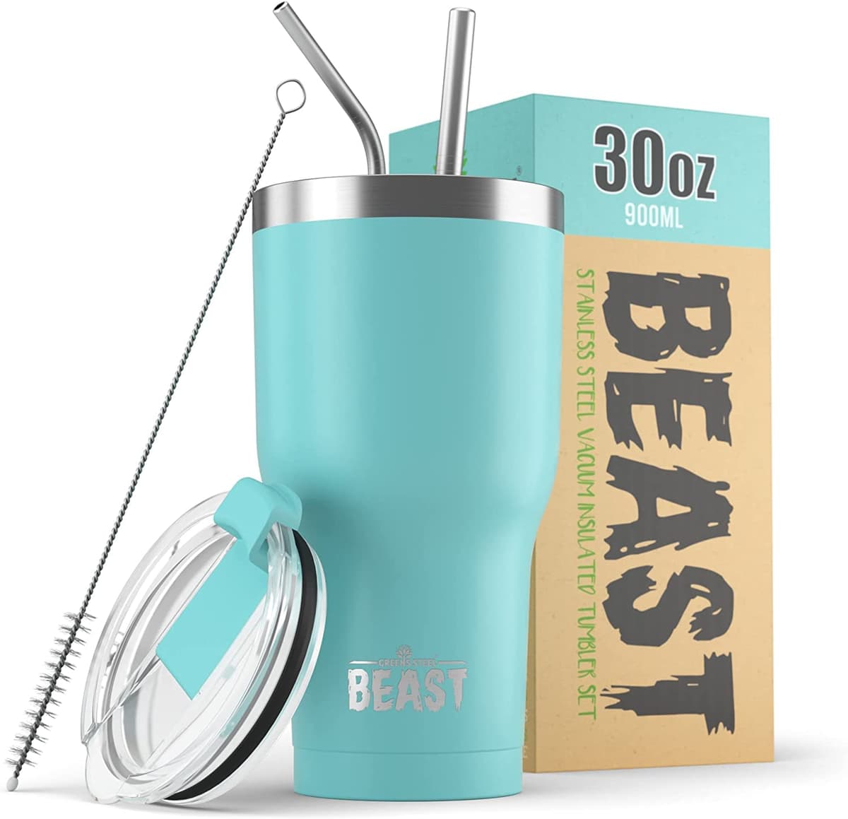 Greens Steel Beast Tumbler – 550 ml (20 oz), Coral | Vaso de acero inoxidable reutilizable con aislamiento al vacío | con 2 pajitas y cepillo de limpieza | Termo de viaje de doble pared — view 58