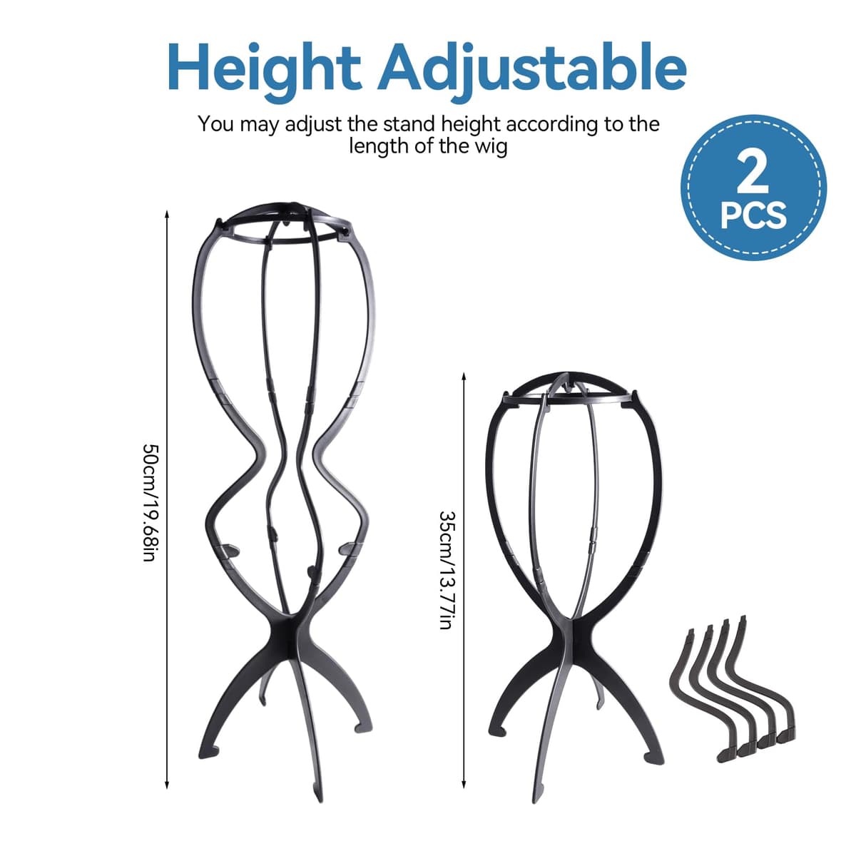 2 Piezas 50cm Soportes para Pelucas de Plástico para Exhibir y Airear Pelucas, Soporte de Peluca Portátil Plegable, Altura Ajustable de 35 a 50 cm, para Cabello Largo, Sombreros y Gorros (Negro) — view 2