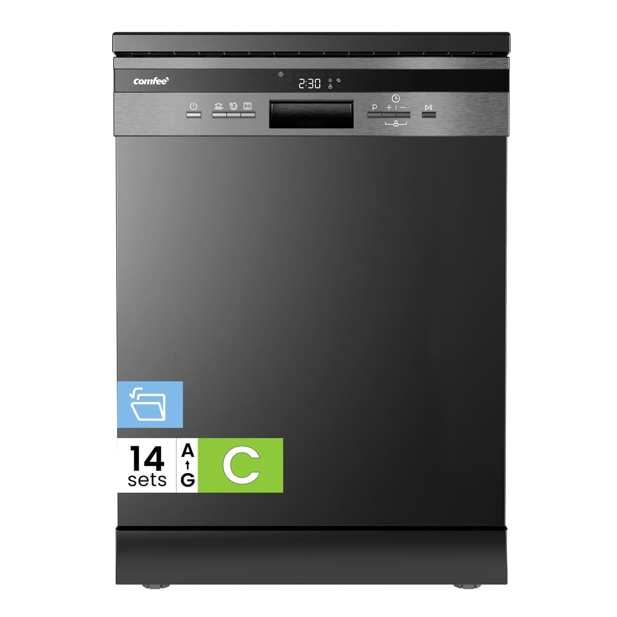 COMFEE' Freestanding Dishwasher with 14 Place Settings, 44dB Quiet Full Size Dishwashers, CDWEF1435EBC-UK, ECO Wash, Auto Open Drying, Half Load, Delay Start, Wide LED Display, Black