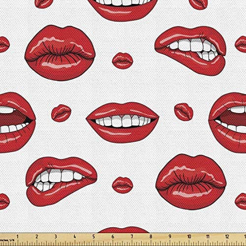 Ambesonne Vintage Fabric by The Yard, Various Women Lip Forms in Several Gestures Sad Nervous Happy Female Print, Decorative Fabric for Upholstery and Home Accents, 1 Yard, White Vermilion