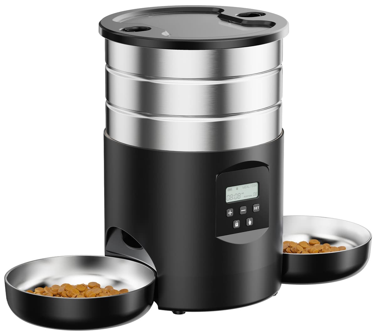 Automatic Cat Feeder Double Bowls: Stainless Steel Cat Food Dispenser – 5L Dog Feeder with Programmable Timer for Indoor – Food Dispenser for Small/Medium Pets