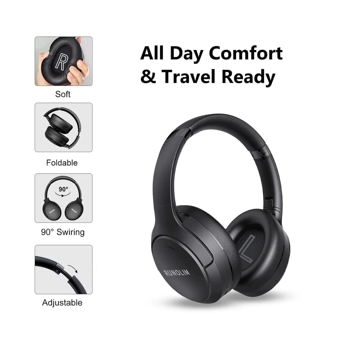 RUNOLIM Hybrid Active Noise Cancelling Headphones, Wireless Over Ear Bluetooth Headphones with Microphone, 70H Playtime, Foldable Wireless Headphones with HiFi Audio, Deep Bass for Home Travel Office — view 4