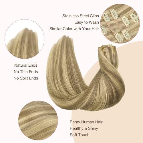 GOO GOO Seamless Clip in Hair Extensions Human Hair, 20inch 110g 7Pcs, #16/22 Light Blonde Highlighted Golden Blonde, Hair extensions for women, Human Hair Extensions Clip in — view 5