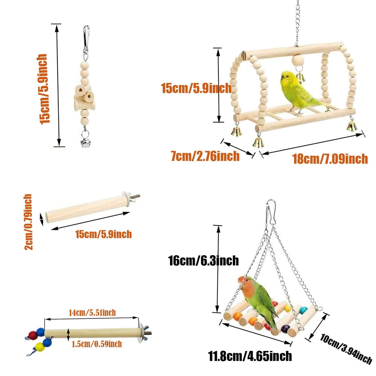 Allazone 14 Pz Juguetes para Pájaros, Escalera de Madera, Pájaros Juguetes con Campanas Que Cuelga la Perca Juguete para Pequeños y Medianos Loros de Aves — view 3