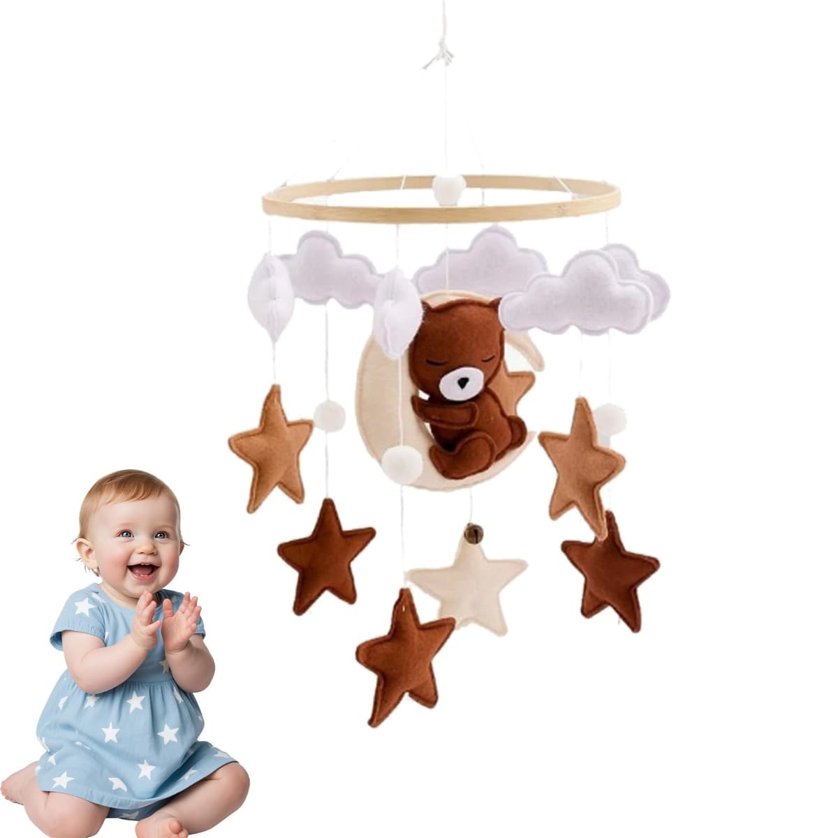  Bear & Star Cloud Hanging Mobile, Soft Felt Crib Wind Chime, Soothing Nursery Decor for Crib Bassinet Pram, Newborn Baby Shower Gift for Boys Girls (A) — view 2