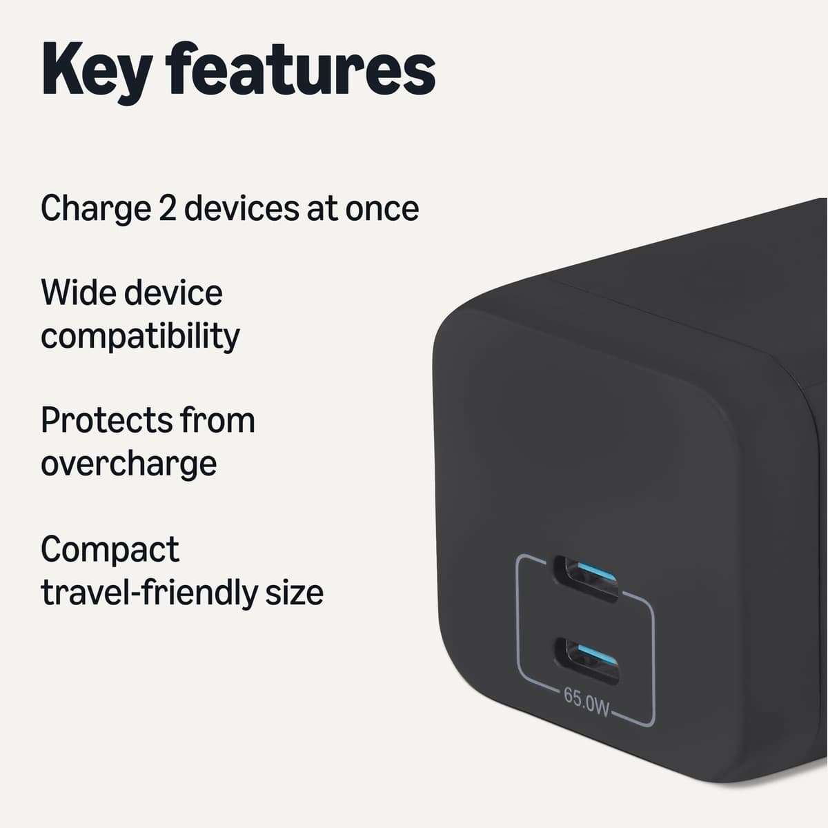 Amazon Basics Fast Charging USB C Nano GaN Wall Charger, 65W 2-Port for Laptops, Tablets, Phones, Black — view 2