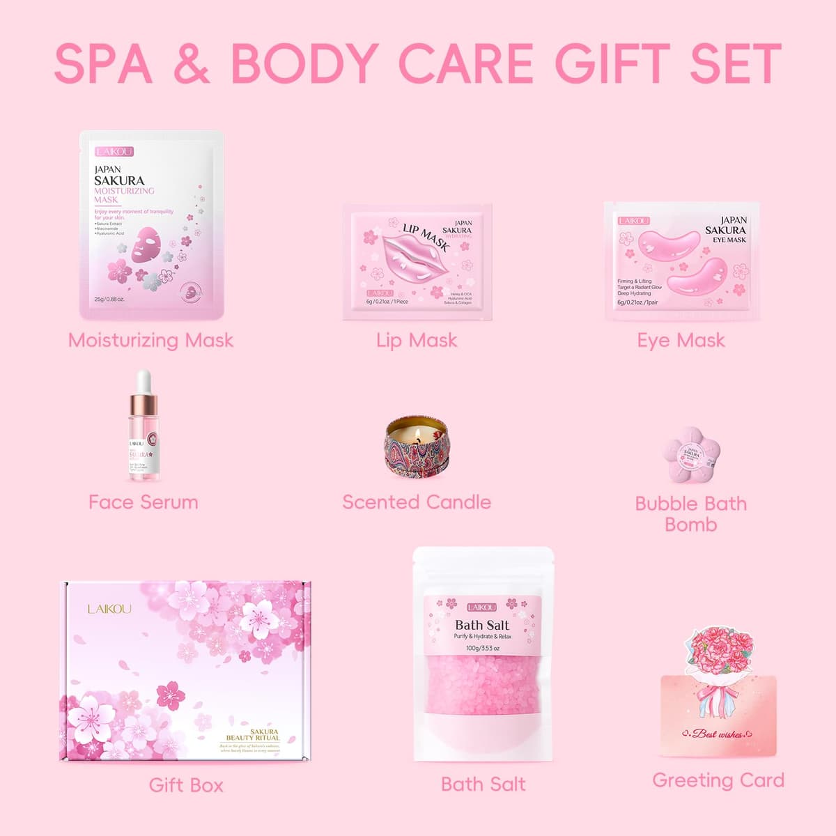 LAIKOU Sakura Women's Spa Relax Gift Set, 8 Pieces Personal Care for Women Gift, Serum, Masks, Scented Candle, Bath Salts and Pump, Gifts for Birthdays, Christmas, Valentine's Day — view 8