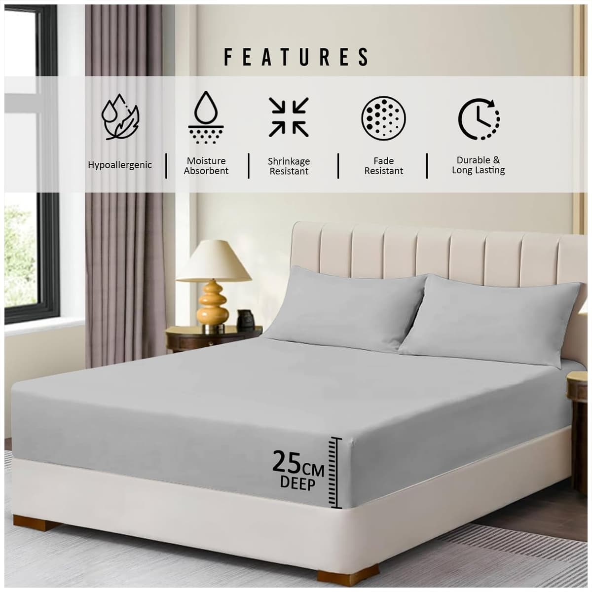 GC GAVENO CAVAILIA Fitted Sheet Single Bed (91 x 190cm) - Grey Bedding Sheets - Plain Dyed Microfiber Bed Sheets Single - (10 inch) 25cm Deep Pocket Bottom Sheet - Easycare - Wrinkle & Fade Resistant — view 4