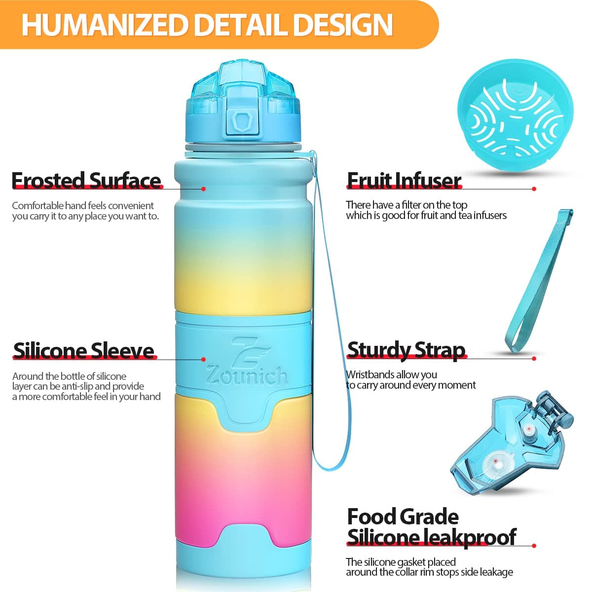 ZOUNICH Botella Agua Deporte Botellas Agua Niños sin BPA, Reutilizable Tritan Plástico Ecologica con Filtro, 400ml/500ml700ml/1l, Cantimploras para Gimnasio, Bicicleta, Colegio, Oficina, Viajes — view 2