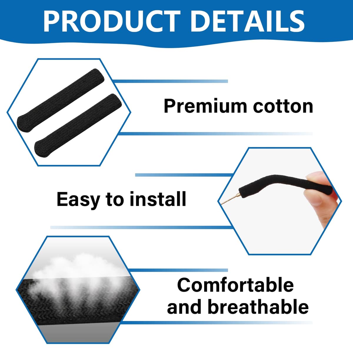 Juego de 10 fundas de algodón para patillas de gafas, cómodas gafas antideslizantes para deporte y uso diario, almohadillas y accesorios transpirables, color negro — view 3