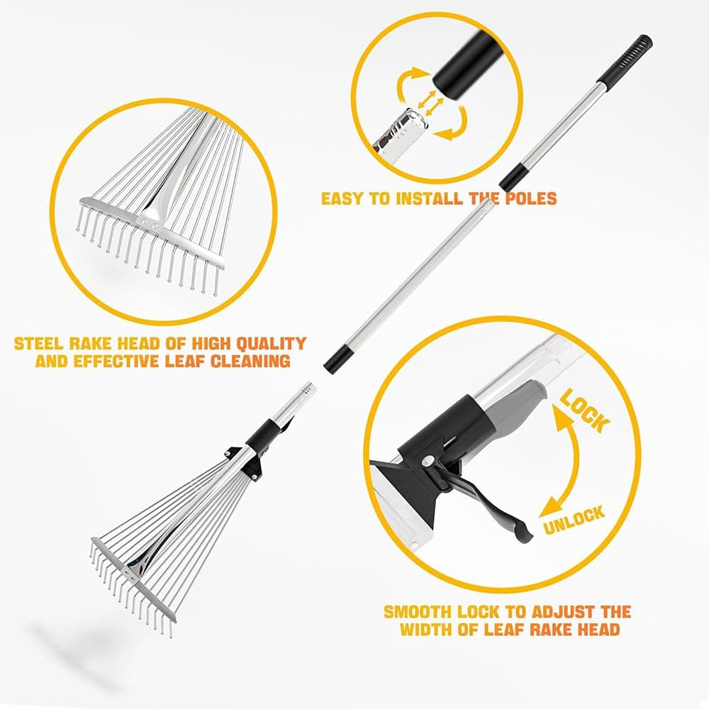 Adjustable Leaf Rake with 215 cm Handle, Adjustable Leaf Rake, Garden Rake with Handle for Leaves, Rake for Cleaning Plants, Lawn and Patio — view 4