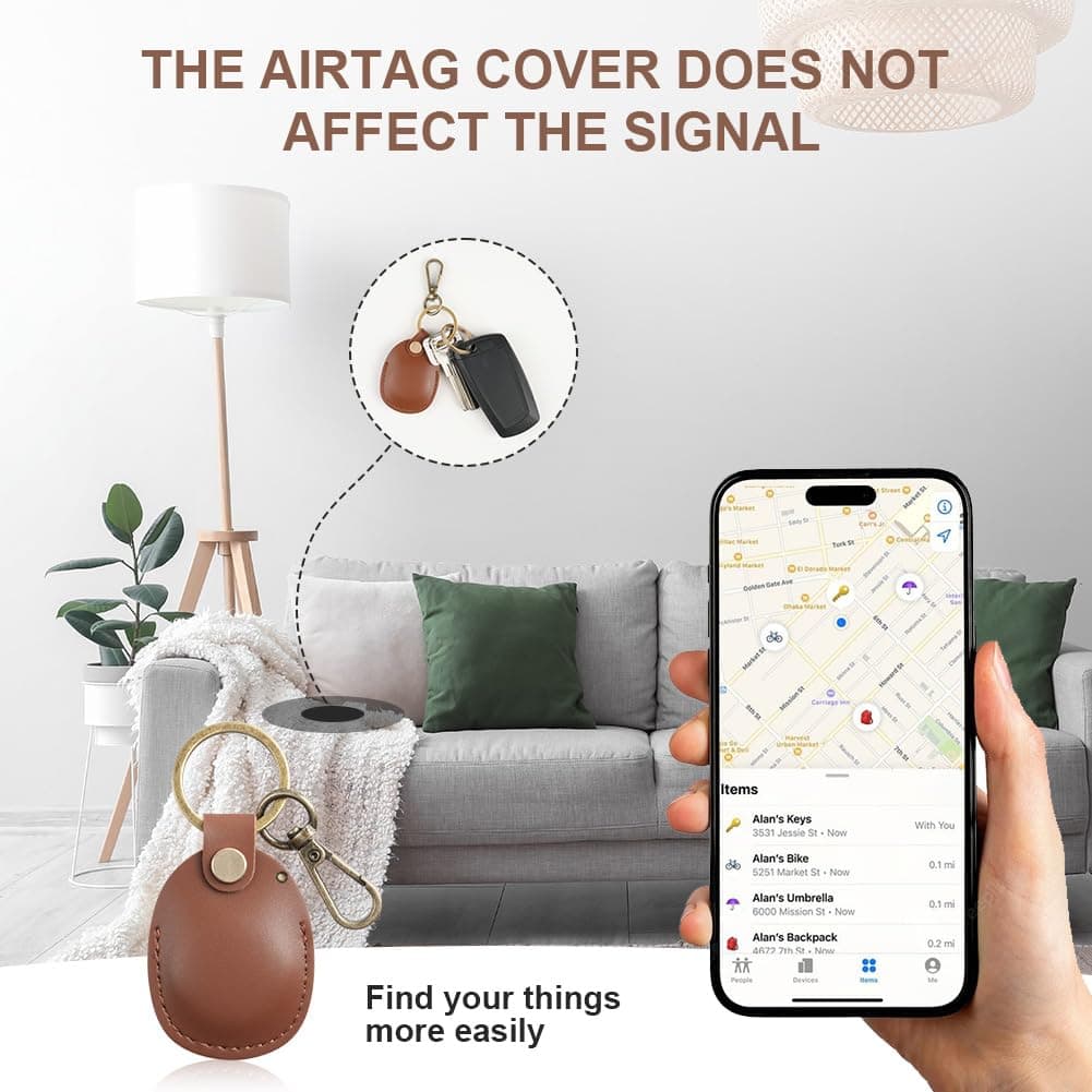 Ainiv Llavero para AirTag, Marrón Funda Protectora para AirTag, Colgante Hecho de Cuero, Resistente a Arañazos Estuche con Llavero Antipérdida, Funda de Soporte — view 3