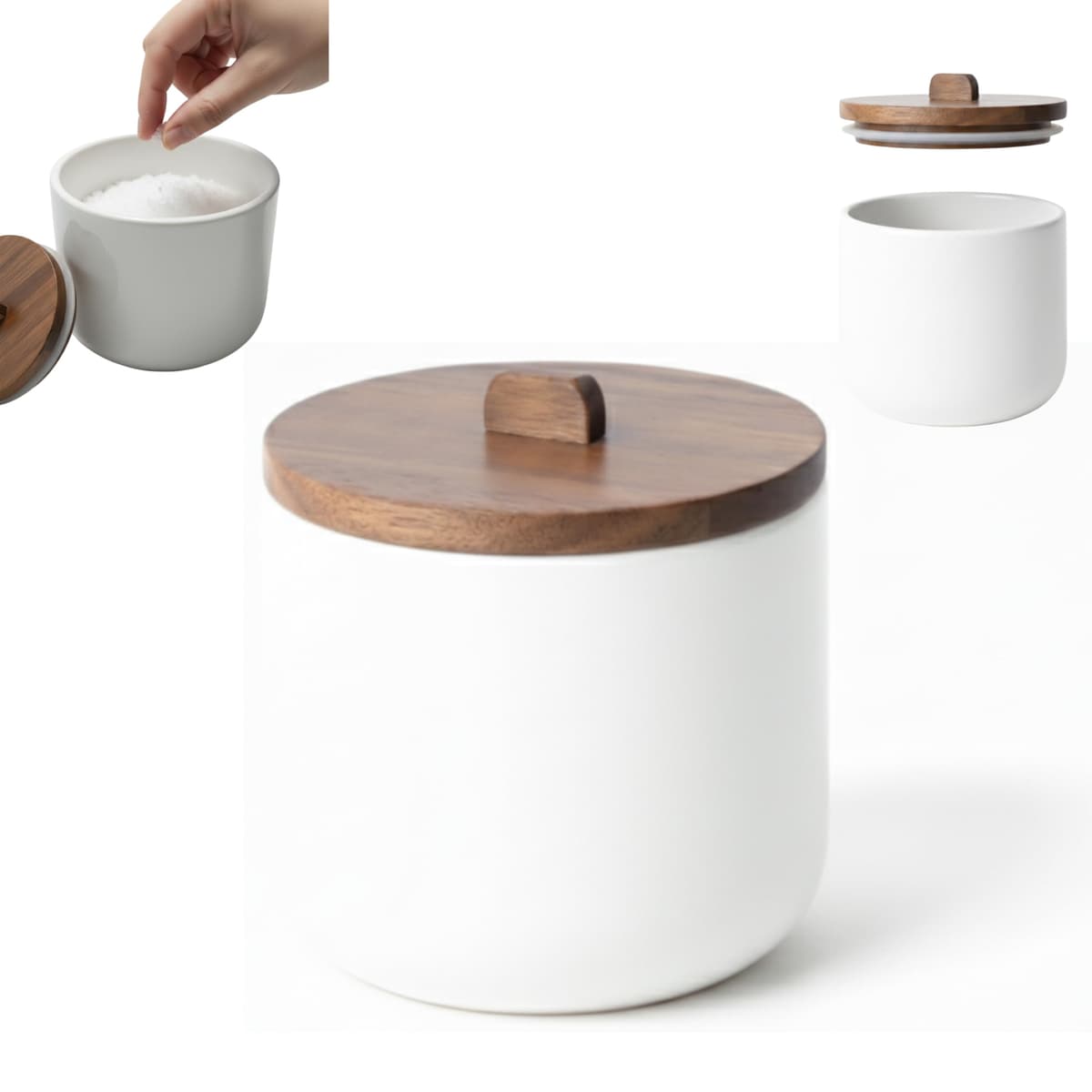 Salero de Cocina de Cerámica CURVE - Bote Hermético con Tapa de Madera de Acacia. Tarro Multiusos para Sal, Azúcar o Especias. Diseño Nórdico Moderno. 11.5 x 12 cm. - Blanco