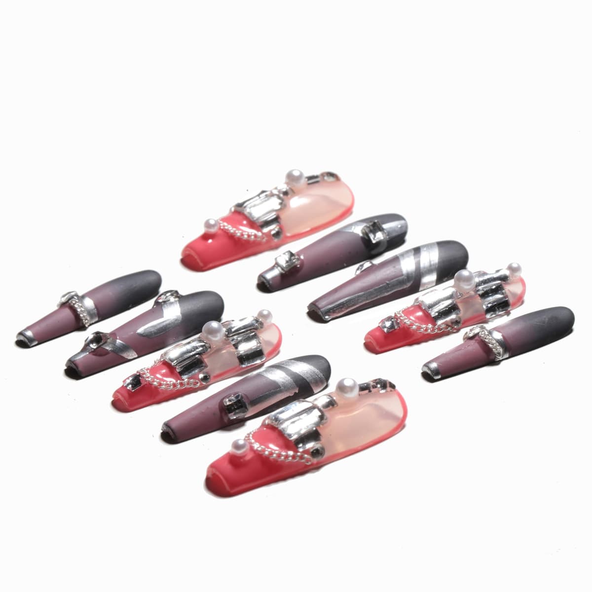 Sun&Beam Nails Handmade Press On Nail Long Coffin Ballerina Pink Flower Acrylic Fake Tip 3D Design Art Charms Cute with Storage Box 10 Pcs (S) — view 154