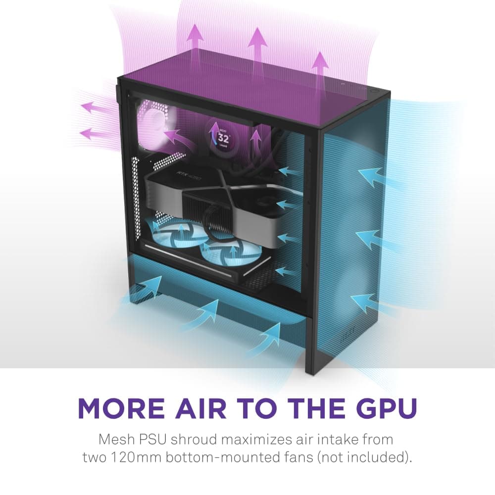 NZXT H5 Flow - Compact ATX Mid-Tower PC Gaming Case - High Airflow - 2 x 120mm Fans Included - 360mm Front & 240mm Top Radiator Support - Cable Management System - Tempered Glass - Black — view 3