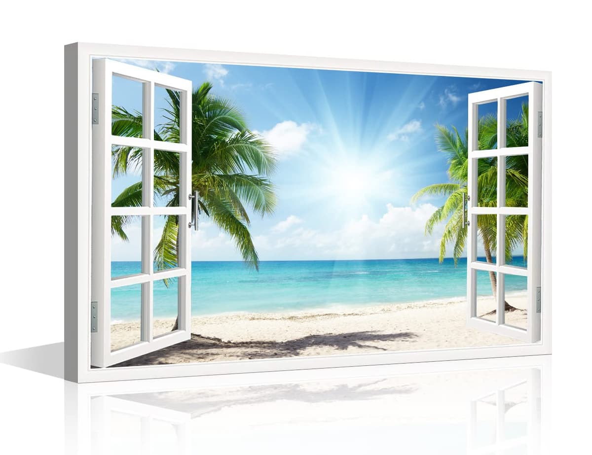 TISHIRON 3D Window View Seaside Effect Canvas Wall Art Prints for Living Room Bedroom Decor Office Kitchen Home Decoration Framed Ready to Hang 12x18inch — view 21