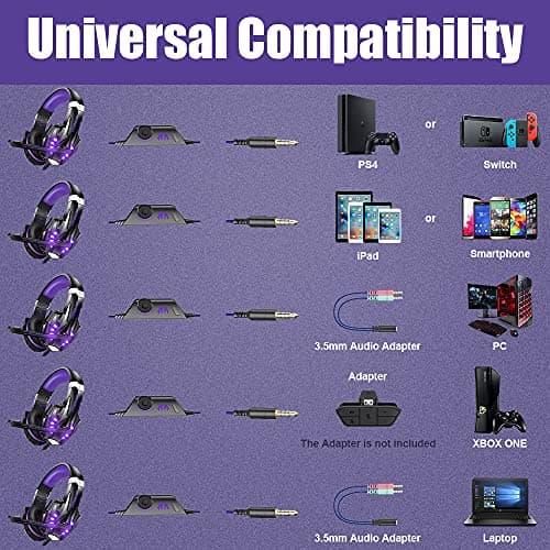 BENGOO G9000 Stereo Gaming Headset for PS4, PC, Xbox One Controller, Noise Cancelling Over Ear Headphones with Mic, LED Light, Bass Surround, Soft Memory Earmuffs (Purple) — view 5