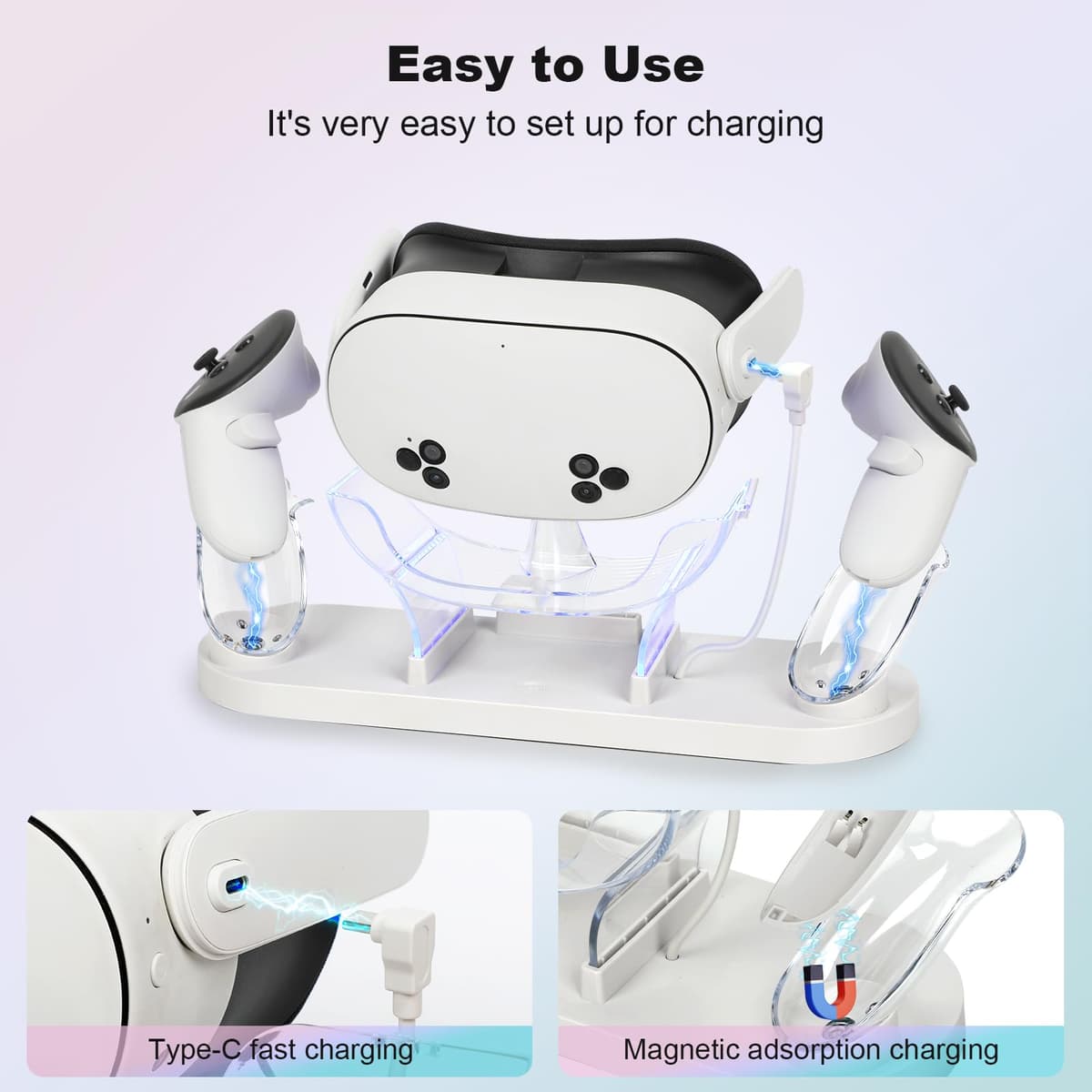 Charging Dock for MetaQuest 3S/Quest 3, Fast Charging Dock with LED Indicator, Charging Dock Station with USB-C Fast Charging for VR Console and Touch Controller (White) — view 2