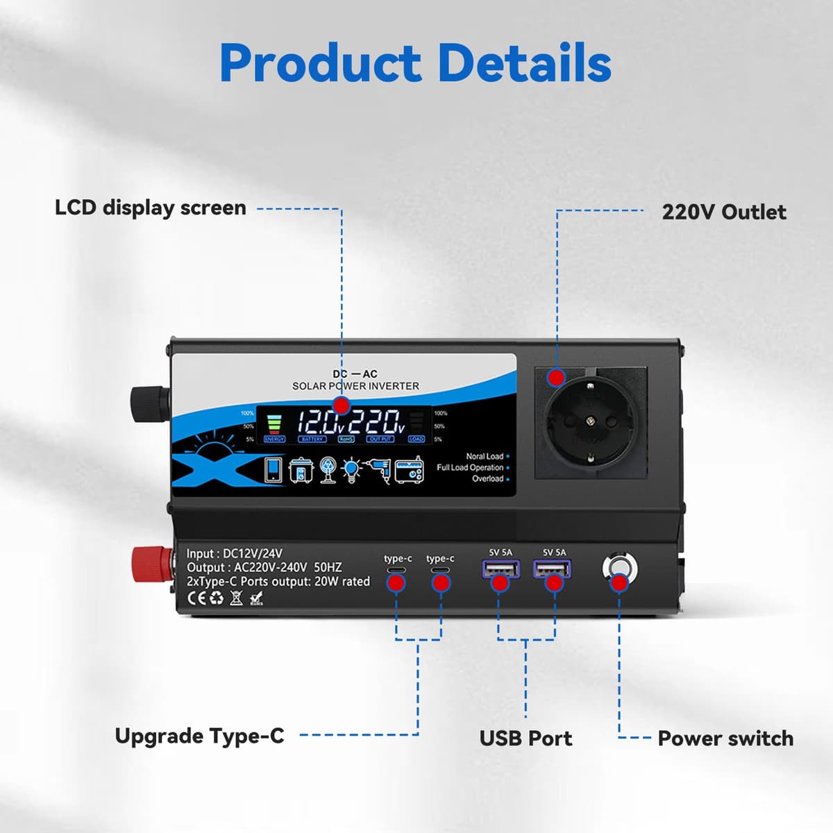 Inversor 1200W 12V/24V a 220V, Convertidor de Corriente para Coche con 2 Tomas AC, 2 USB & 2 Type-C, Mechero y Pantalla LED, para Autocaravana Camping — view 3