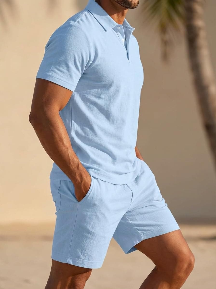 Conjunto de 2 piezas para hombre, camiseta polo y pantalones cortos, conjunto deportivo deportivo para correr y verano — view 2