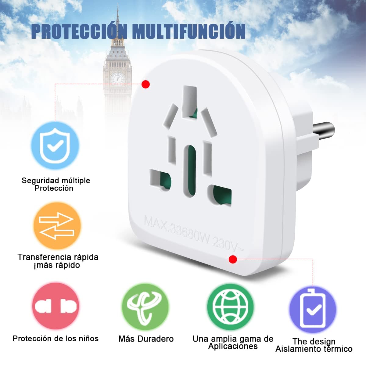 Adaptador Europeo EXTRASTAR para múltiples enchufes Nacionales, Adecuado para Viajes. Compatible con EE. UU., Reino Unido, China, Francia, Alemania, Italia, Australia y Otros países, 2 Unidades. — view 3