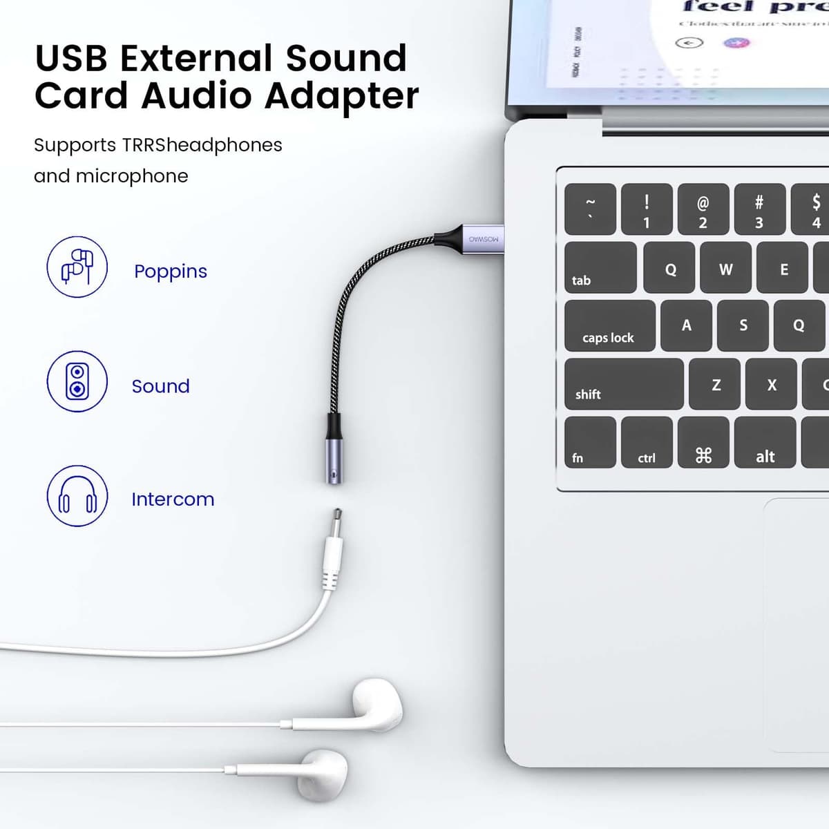 MOSWAG USB to 3.5mm Audio Adapter Built-in DAC External Sound Card Nylon Braided Aluminum Shell for PC Laptop PS5 PS4 Mac Linux Chromebook 1Pack — view 2
