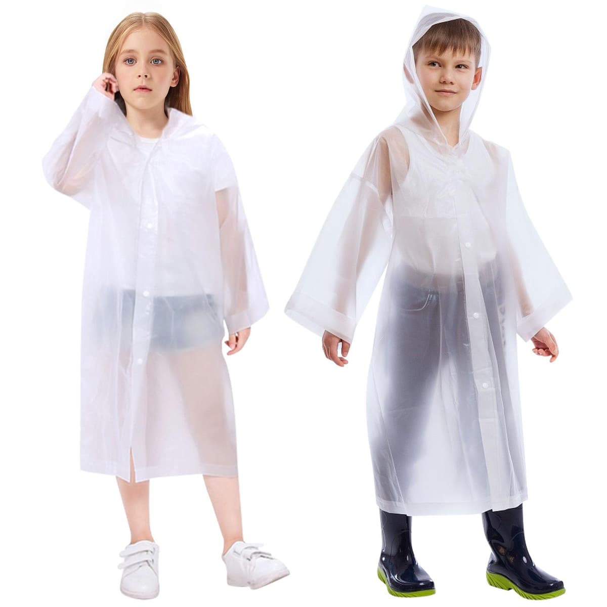 Vicloon Chubasquero Niño 2PCS Reutilizable Capas de Lluvia Impermeable EVA Poncho de Lluvia con Capucha Espesar Altura Niño Niña Entre 120-150 cm para Viajar, Senderismo, Acampar y Al Aire Libre