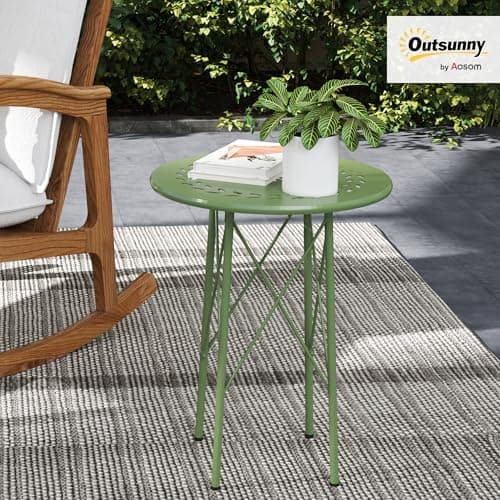 Outsunny 15.7" Round Garden Table with Floral Cut-Out, Steel Balcony Side Bistro Coffee Table, Outdoor Furniture with Adjustable Feet for Patio Garden, Green