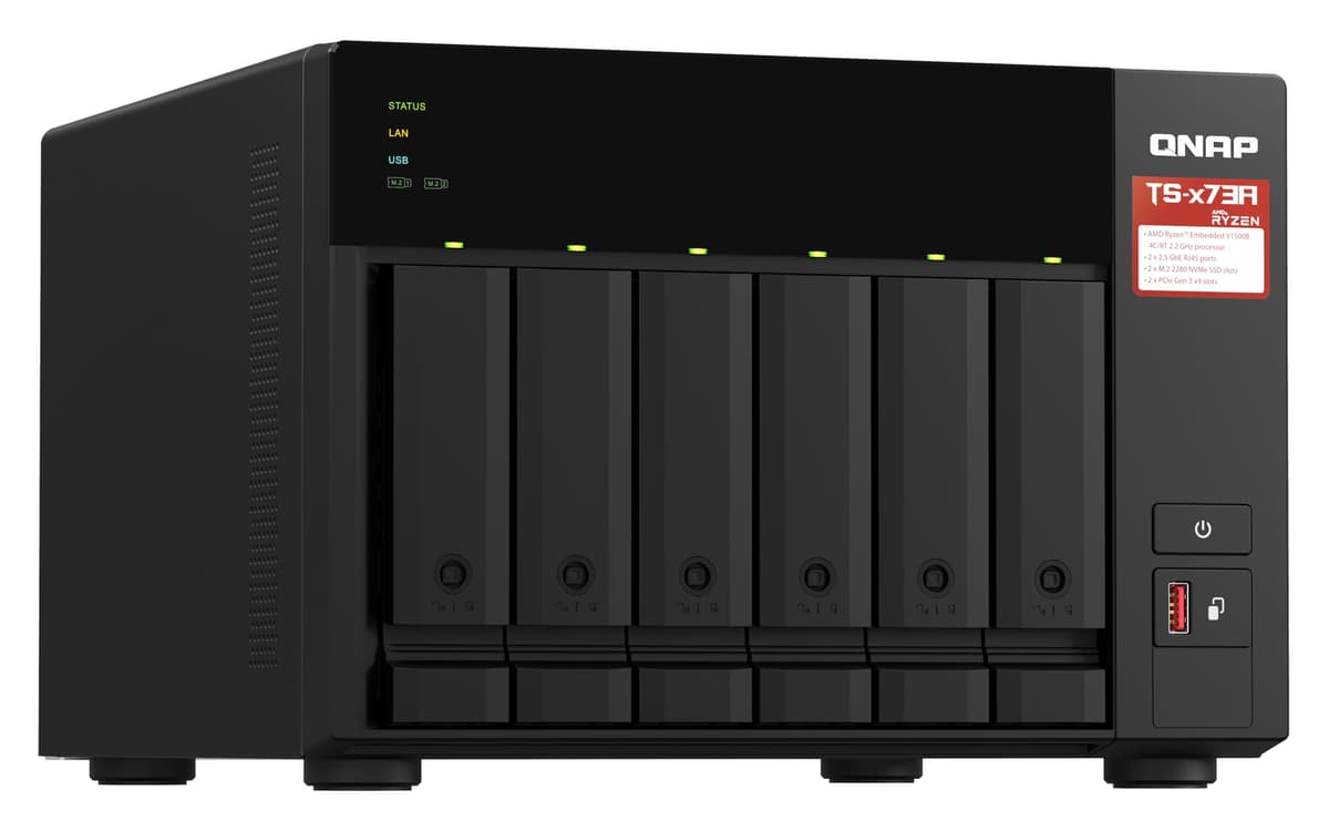 QNAP TS-x73A-8G + QSW-1105-5T bundle: AMD Ryzen 2.2 GHz quad-core 2.5GbE NAS with M.2 NVMe SSD support and PCIe expansion for 10GbE, paired with a 2.5G switch (TS-673A-SW5T) — view 3