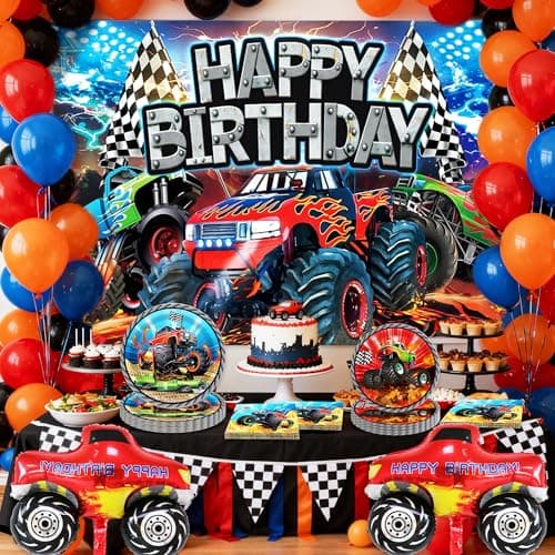 LaVenty Monster Truck Birthday Plates Napkins Monster Trucks Birthday Decoration Monster Trucks Party Supplies Monster Truck Backdrop Balloons Banner — view 2