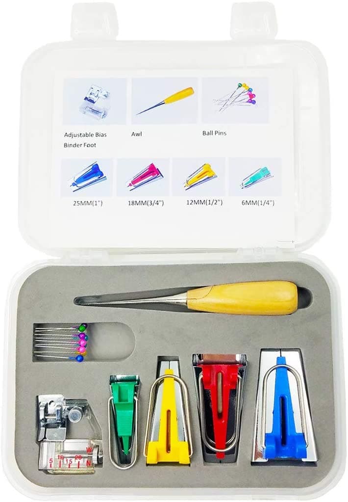 Fabric Bias Tape Maker Kit with Sewing Awl, Beading Needles, Adjustable Binder Clip, Foot Press, Handy Bias Tape Set,DIY,Arts and Crafts