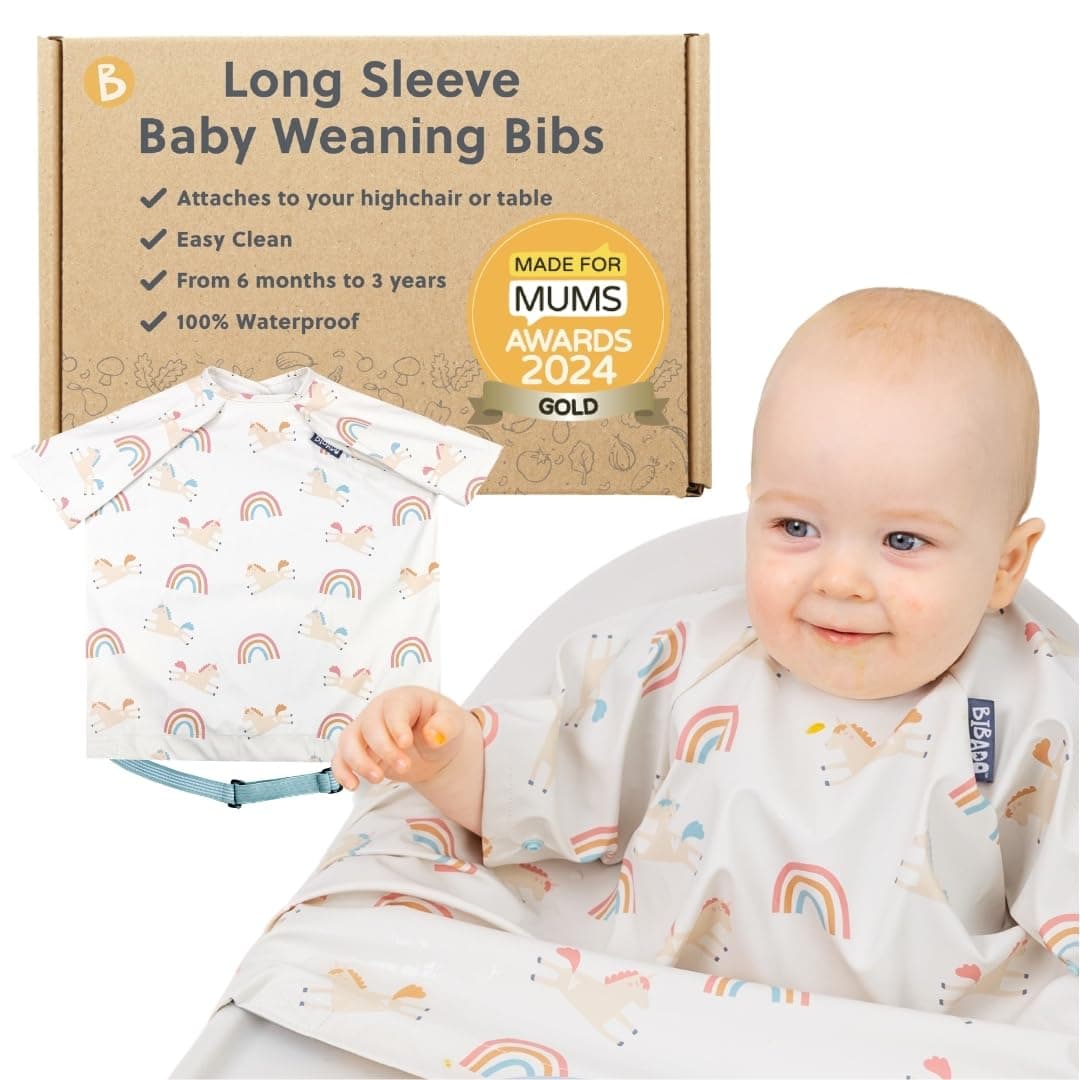 BIBaDO - Short Sleeve Baby Bibs - Babies & Toddlers 6-36 Months - Coverall Weaning Bib - Easy Wipe Clean & Soft Fabric - Attach to Highchair & Tables - Waterproof - Machine Washable