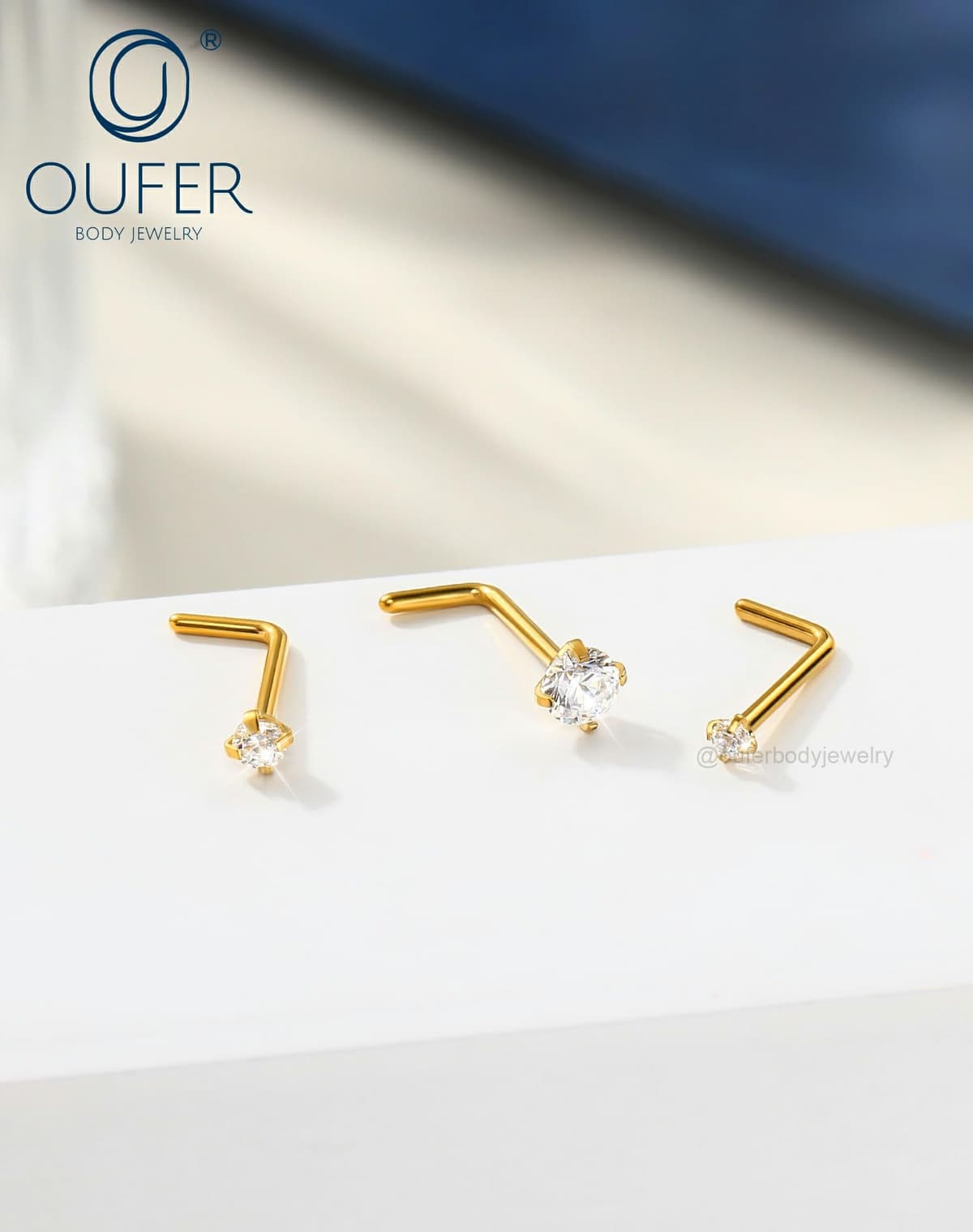 OUFER Body Piercing Nose Studs: 5PCS 20G Titanium Nose Bar L Shaped Nose Rings, 6 mm Gold Nostril Piercing Jewelry Cubic Diamond Thin Body Jewellery for Women — view 5