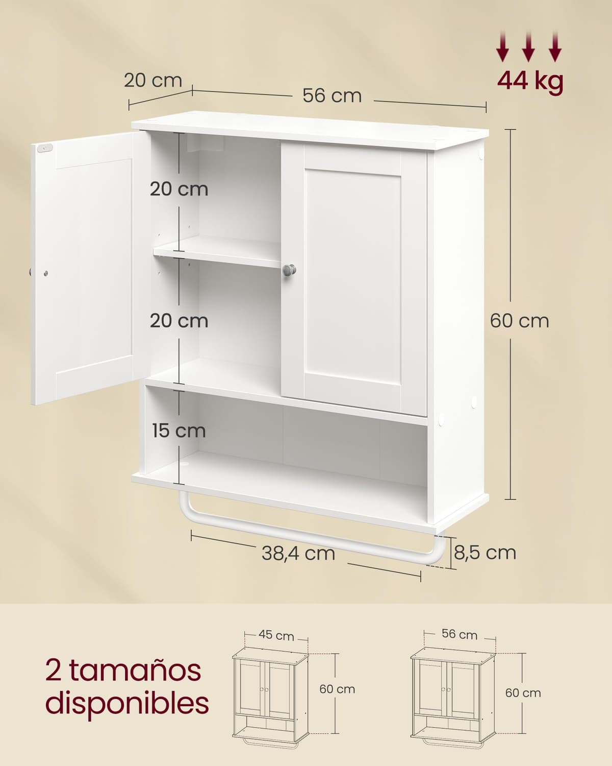VASAGLE Siren Colección - Mueble de Baño Colgante con Barra para Toallas, Armario de Pared con Estante Abierto, Estante Ajustable y Puertas, Estilo Rústico, Blanco Nube BBK149WB01 — view 3