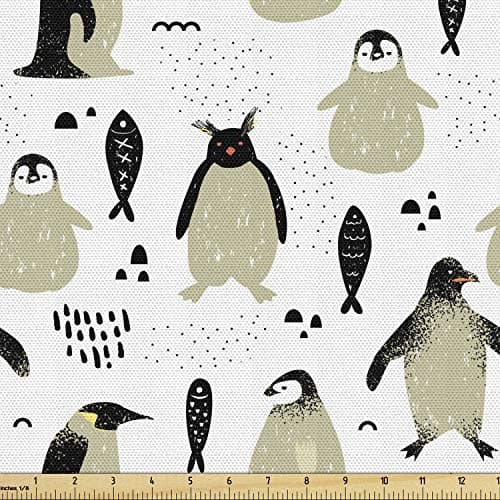 Lunarable Penguin Fabric by The Yard, Shower Theme Sketch Penguins North Pole Animals with Grunge Effect, Decorative Fabric for Upholstery and Home Accents, 2 Yards, Beige Ink