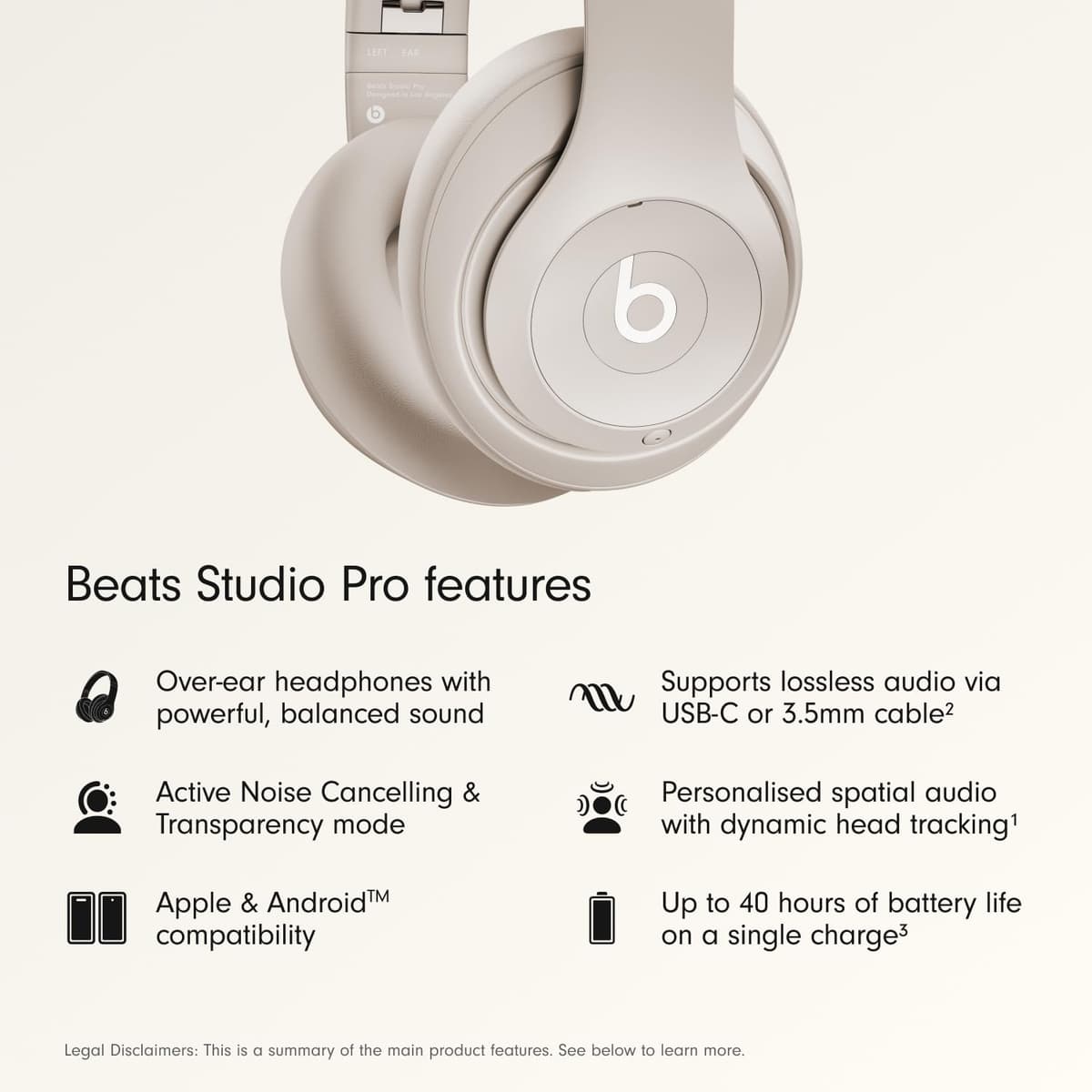 Beats Studio Pro – Wireless Bluetooth Noise Cancelling Headphones – Personalised Spatial Audio, USB-C Lossless Audio, Apple & Android Compatibility, Up to 40 Hours Battery Life – Sandstone — view 2