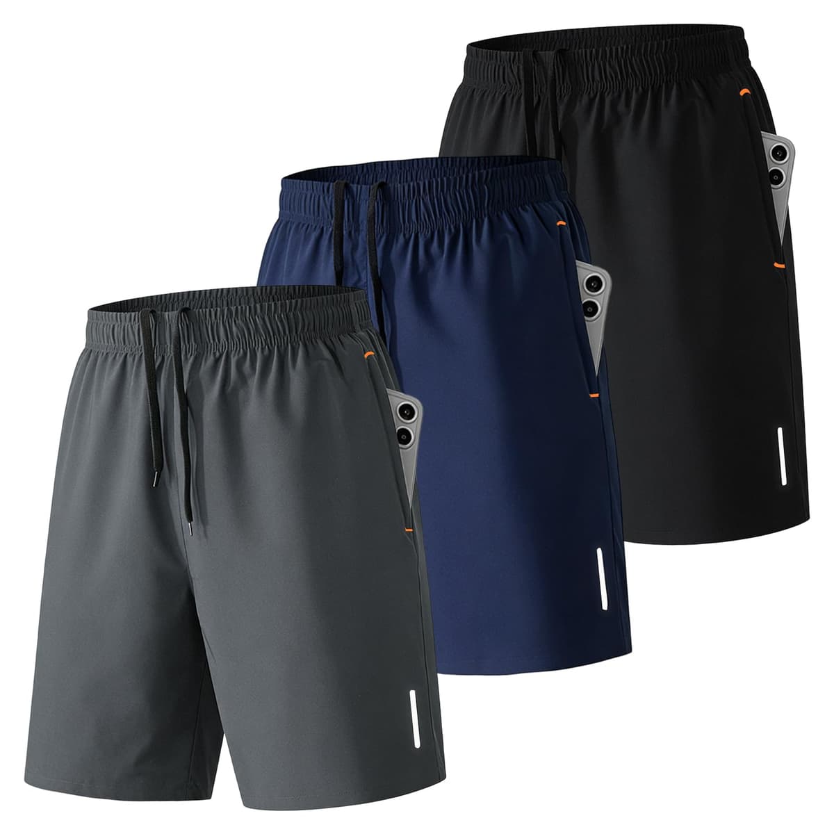 SHAGGA Paquete de 3 pantalones cortos de gimnasio para hombre, ligeros, de secado rápido, entrepierna corta, 7 con bolsillos con cremallera para correr, fitness y joggers