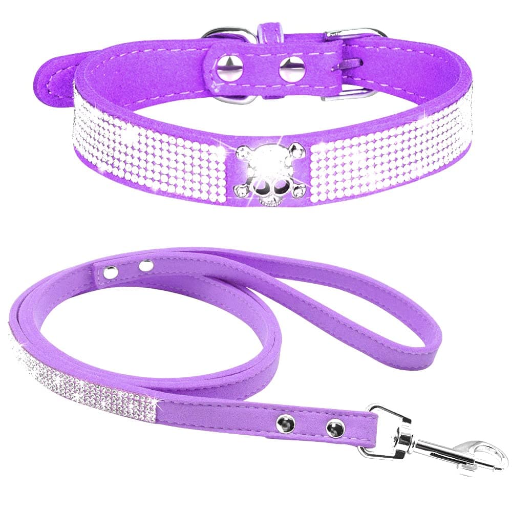 Cute Dazzling Sparkling Elegant Fancy Soft Suede Leather Bling Rhinestone Crystal Jeweled Pet Cat Dog Puppy Collar Dog Leash Combo Set (S, Black-2) — view 40