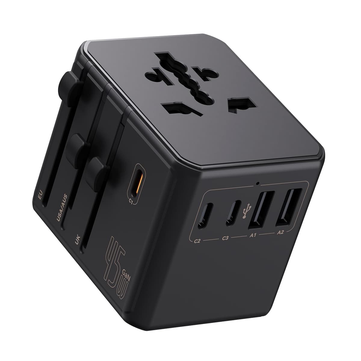 Auxmir Adaptador Enchufe Universal, Adaptador Internacional con 3 USB-C y 2 USB-A (PD 45W), Adaptador Universal para Europa, Reino Unido, Estados Unidos, Canadá, Australia (212 países), Negro